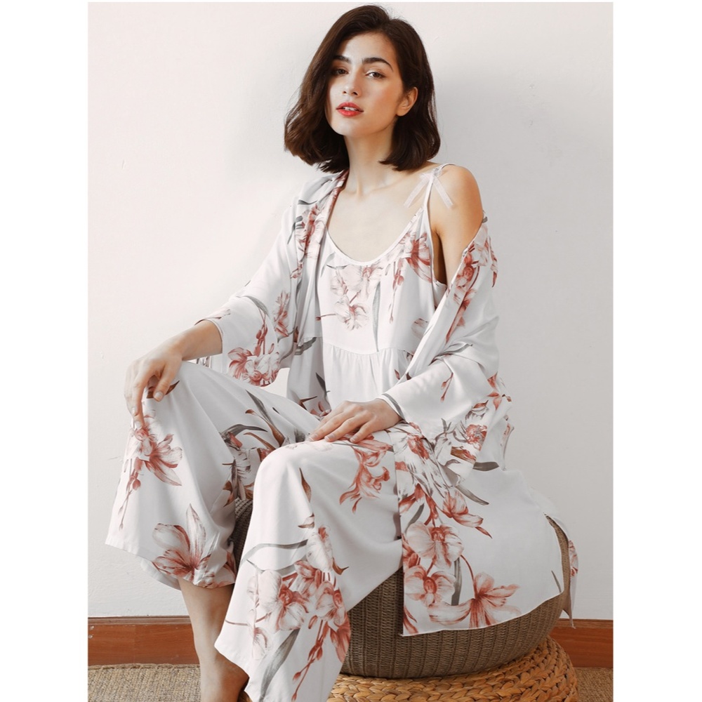 3 Piece Multicolor Pastel Floral Print Pajama Set - Picture 3 of 8